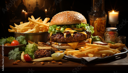Freshness on a plate  grilled meat  cheeseburger  and French fries generated by AI