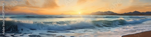 Sunset cuts the horizon Beach with foamy waves, volcano background with natural light