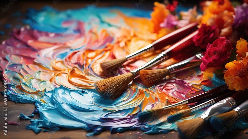 Brushes and paints of various colors lie on the artist's canvas Brushes and paints of various colors lie on the artist's canvas