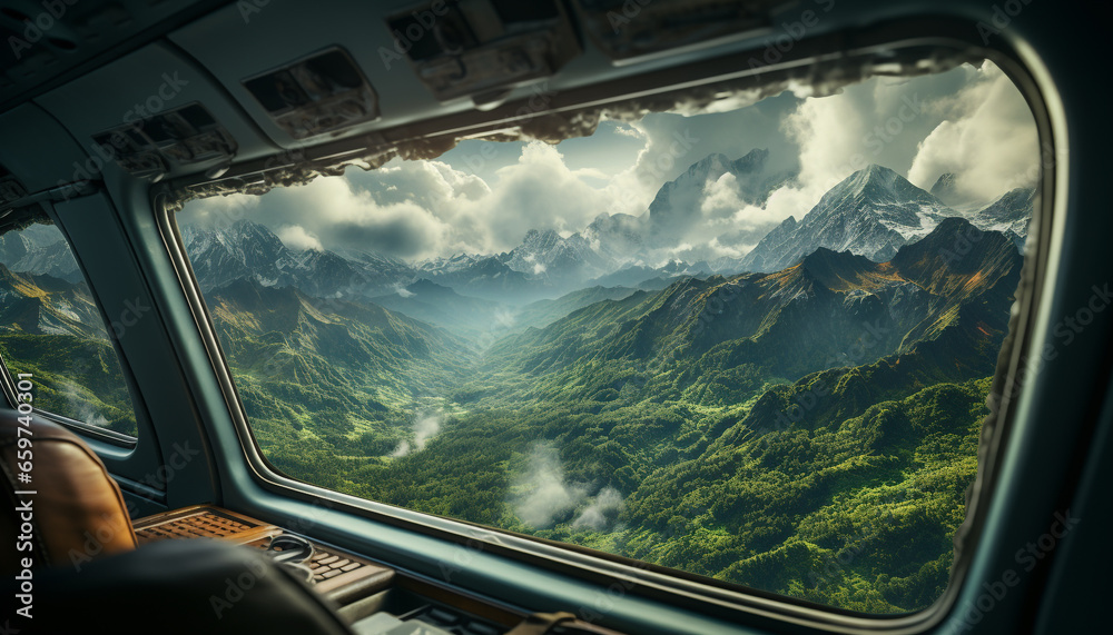 Travel through majestic mountain ranges, exploring nature beauty from above generated by AI