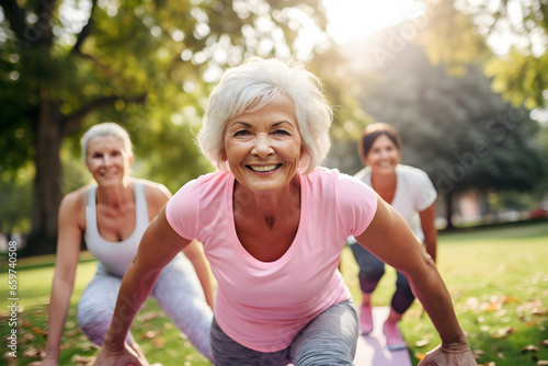 Sporty senior women doing exercise in garden during group training - Mature female exercising hands and knees balance outside - Healthy life style