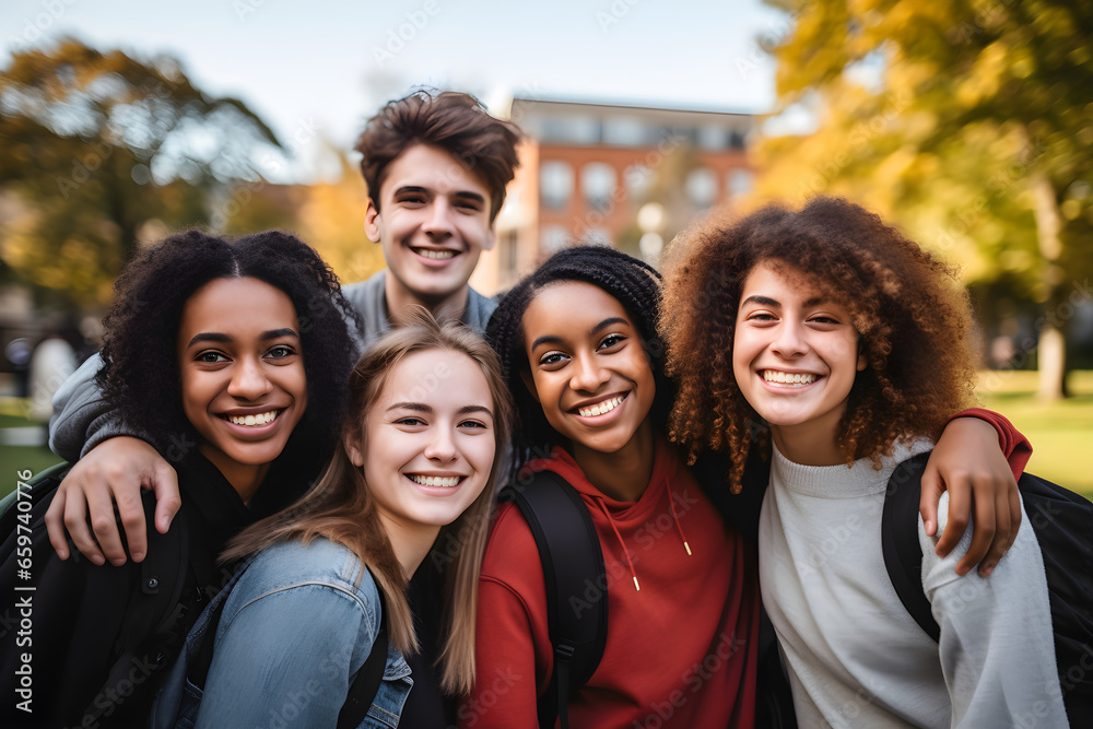 Community of multiracial young people smiling at camera outside - Cheerful group of university students standing in college campus - Team building concept with guys and girls hugging together Community of multiracial young people smiling at camera outside - Cheerful group of university students standing in college campus - Team building concept with guys and girls hugging together