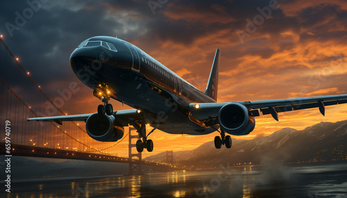 Airplane taking off, flying through dusk, reflecting sunlight on wings generated by AI