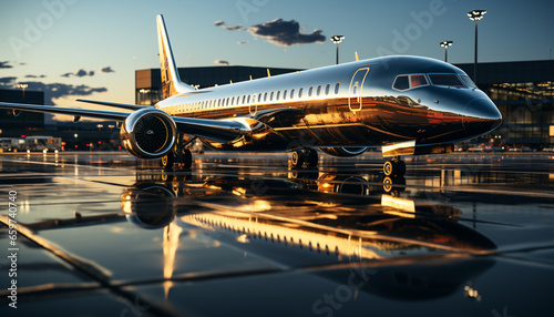 Airplane takes off at dusk, reflecting modern luxury in travel generated by AI