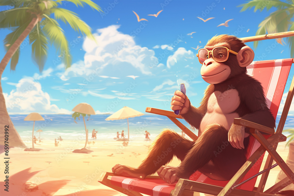anime style scenery background, a monkey on the beach