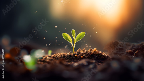 Small plant sprouting out of the ground with blurry background
