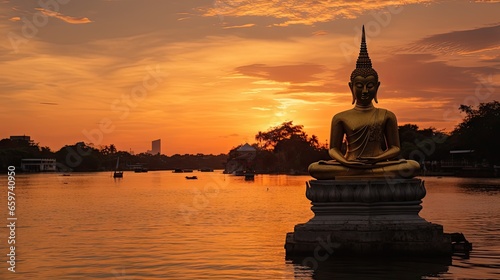 The large Buddha statue is surrounded by Phraya Nakharat. Three rivers can be seen at sunset.