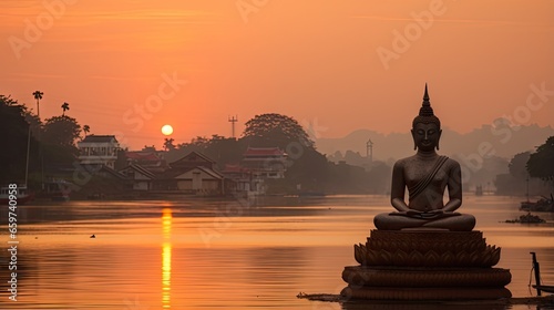 The large Buddha statue is surrounded by Phraya Nakharat. Three rivers can be seen at sunset. © somchai20162516