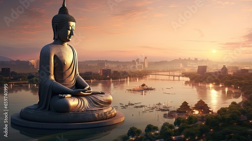 The large Buddha statue is surrounded by Phraya Nakharat. Three rivers can be seen at sunset.