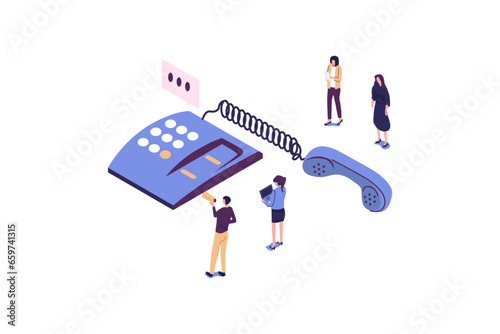 customer service, online global technical support 24 hours 7 days, customer and operator, a large handset on which to advise customers vector