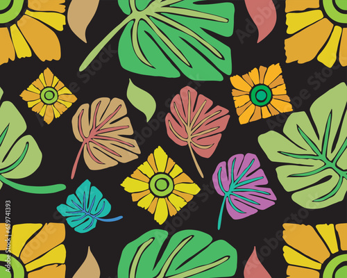 Seamless pattern with square sunflowers and colorful monstera leaves. Adam's Rib Leaves. Flat vector illustration isolated on black background. © Elvis
