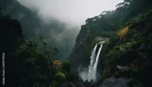 Majestic mountain range, foggy cliff, flowing water, tranquil scene generated by AI