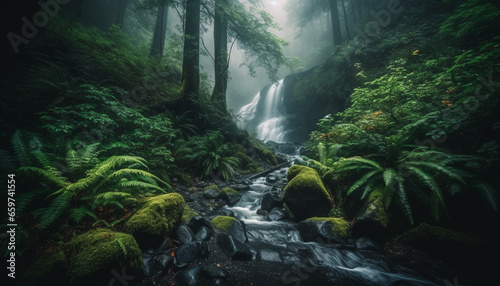 Tranquil scene of a tropical rainforest with flowing water and ferns generated by AI