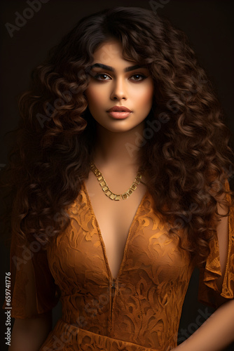 Beautiful Indian young woman with curly hair in golden dress. Luxury and premium photography for advertising product design. Fashion beautiful hispanic