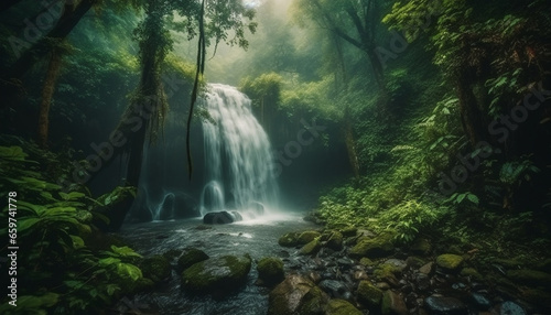 Tranquil tropical rainforest  flowing water  natural beauty  adventure awaits outdoors generated by AI
