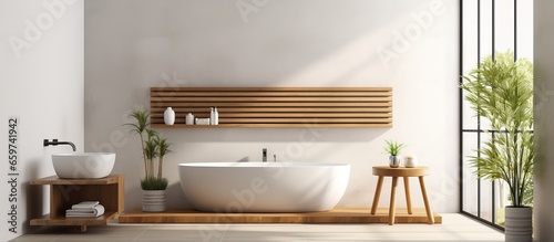 mock up bathroom interior with a wooden tub tall window and white vase on a concrete floor