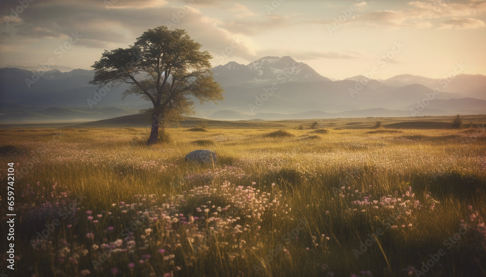 Panoramic mountain range, tranquil meadow, wildflower growth, uncultivated beauty generated by AI