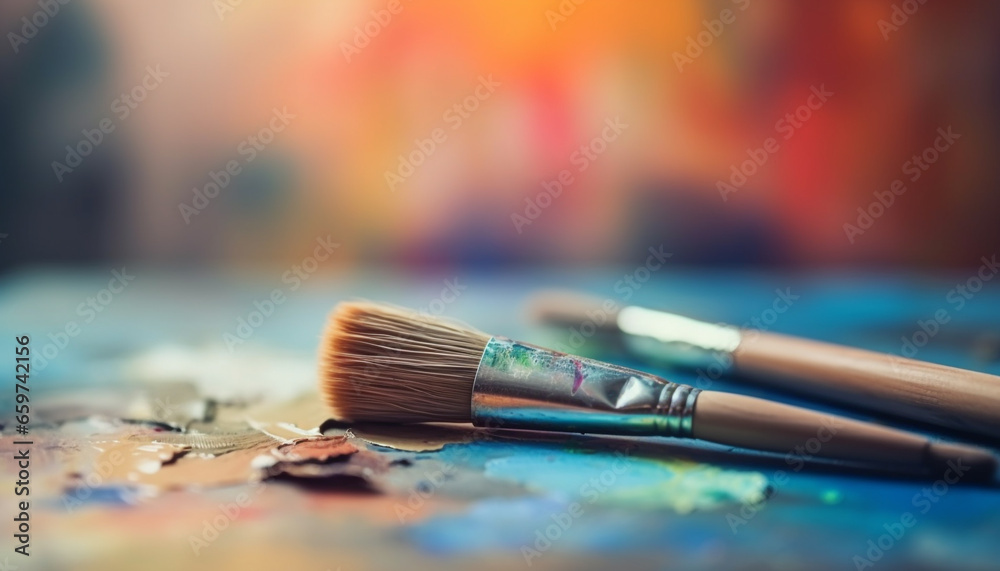 Artist table messy palette, vibrant colors, close up of paintbrush generated by AI