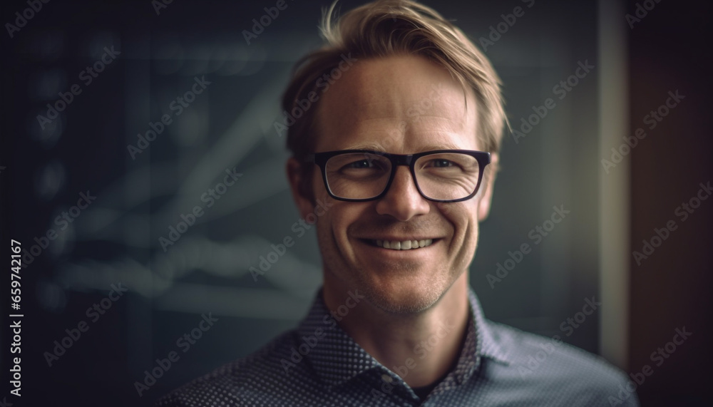 Successful young businessman with a toothy smile standing confidently indoors generated by AI Successful young businessman with a toothy smile standing confidently indoors generated by AI