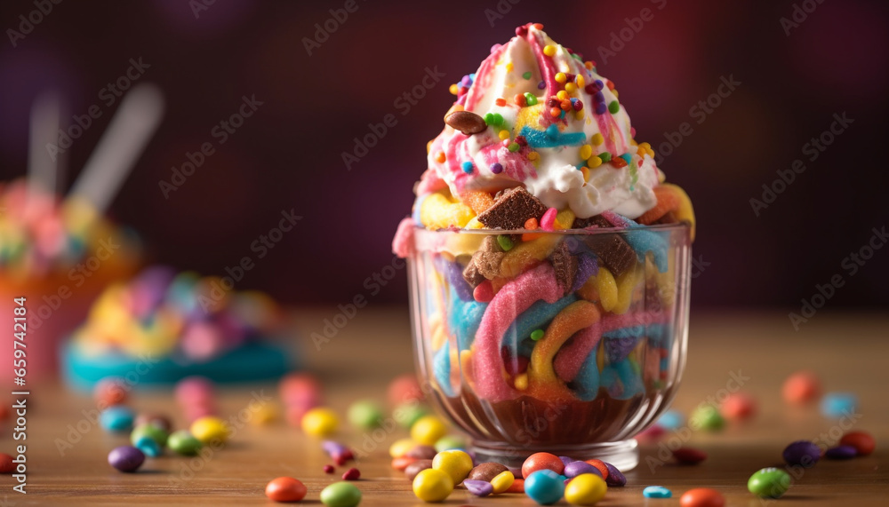 A colorful gourmet dessert table with sweet candy and chocolate generated by AI