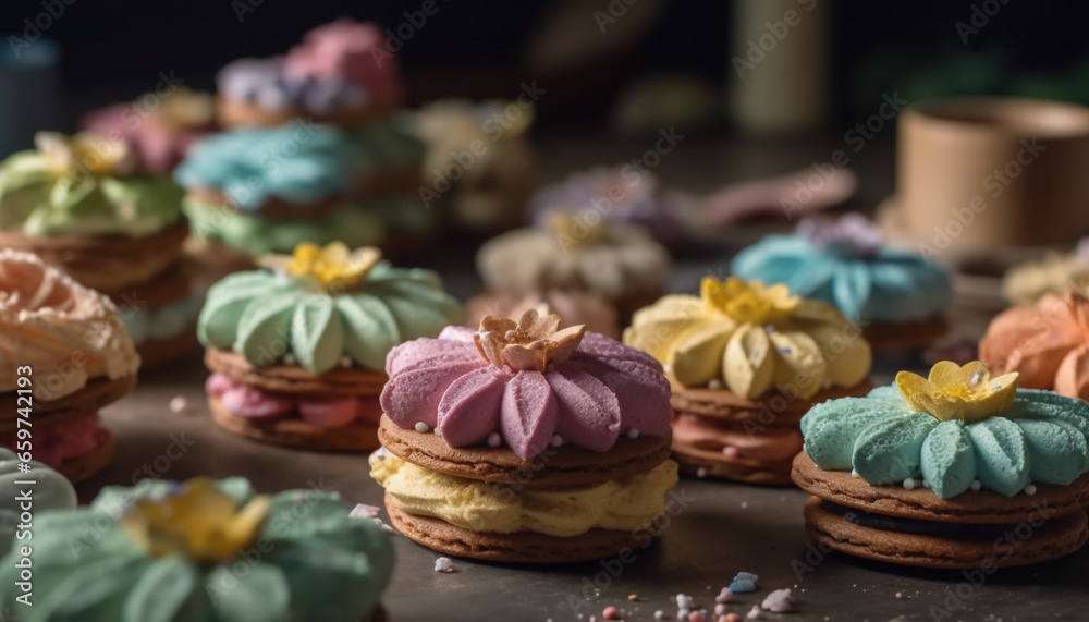 Indulgent homemade gourmet desserts macaroons, cupcakes, and cookies galore generated by AI