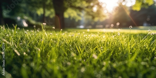 Green lawn lit by sunlight