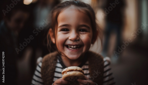 Cute Caucasian girl enjoying food outdoors with toothy smile generated by AI