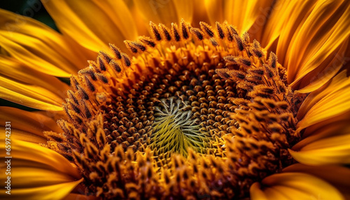 Vibrant sunflower petals attract pollen from busy bees in meadow generated by AI