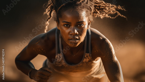 One determined African American athlete, confident and strong, ready to race generated by AI