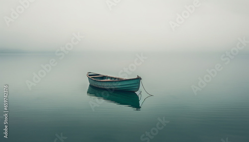 Tranquil summer fishing boat moored on blue coastline reflection generated by AI
