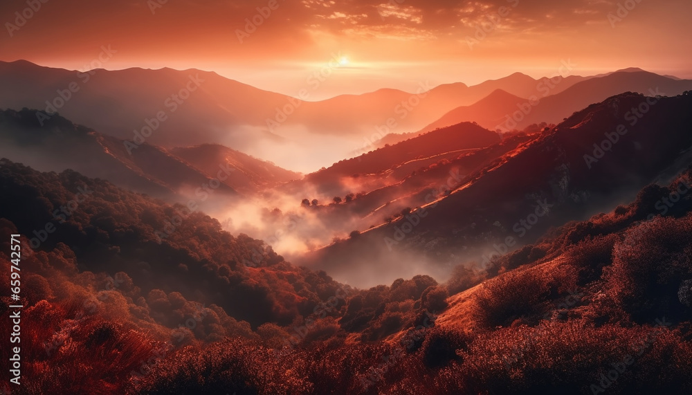 Majestic mountain range at dawn, tranquil scene in nature beauty generated by AI