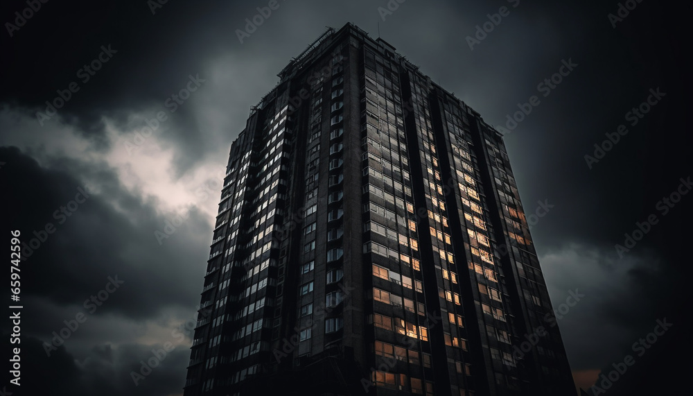 Steel skyscraper silhouette against moody sky, reflecting futuristic city life generated by AI