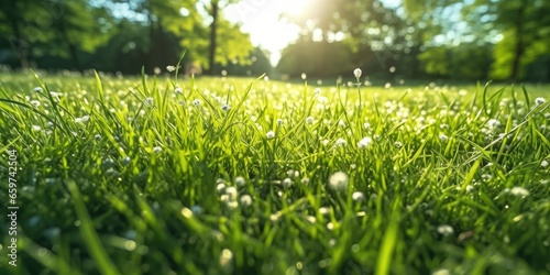 Green lawn lit by sunlight