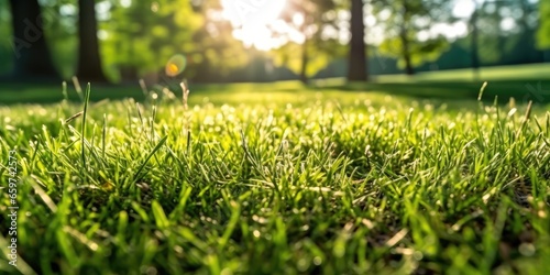 Green lawn lit by sunlight