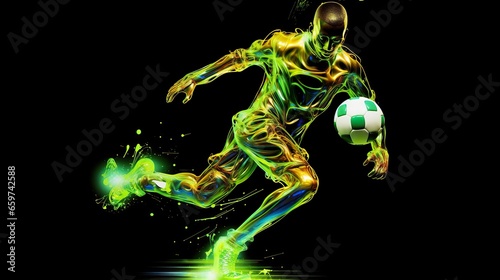 A soccer player in motion, rendered in electrifying shades of green and yellow. The player's vibrant hues stand out, embodying the energy, passion, and dynamism of the sport.