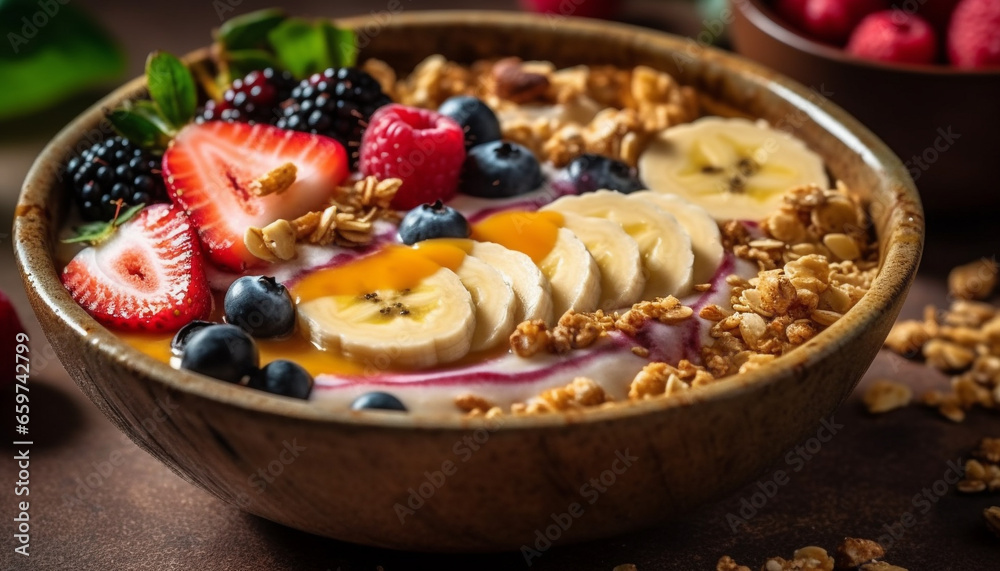 A gourmet bowl of organic yogurt, berries, granola, and honey generated by AI A gourmet bowl of organic yogurt, berries, granola, and honey generated by AI