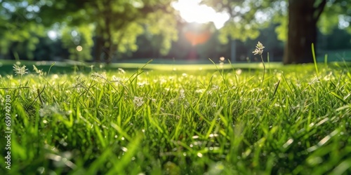 Green lawn lit by sunlight