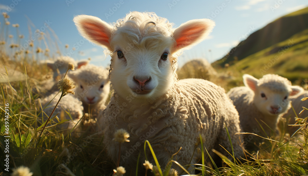 Cute lamb grazing in green meadow, surrounded by fluffy sheep generated by AI Cute lamb grazing in green meadow, surrounded by fluffy sheep generated by AI