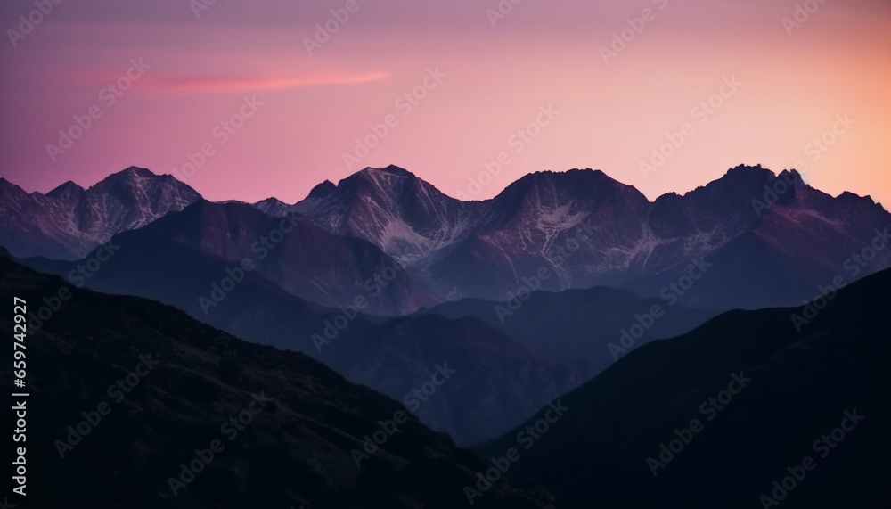 Majestic mountain range at dusk, a tranquil scene of beauty generated by AI