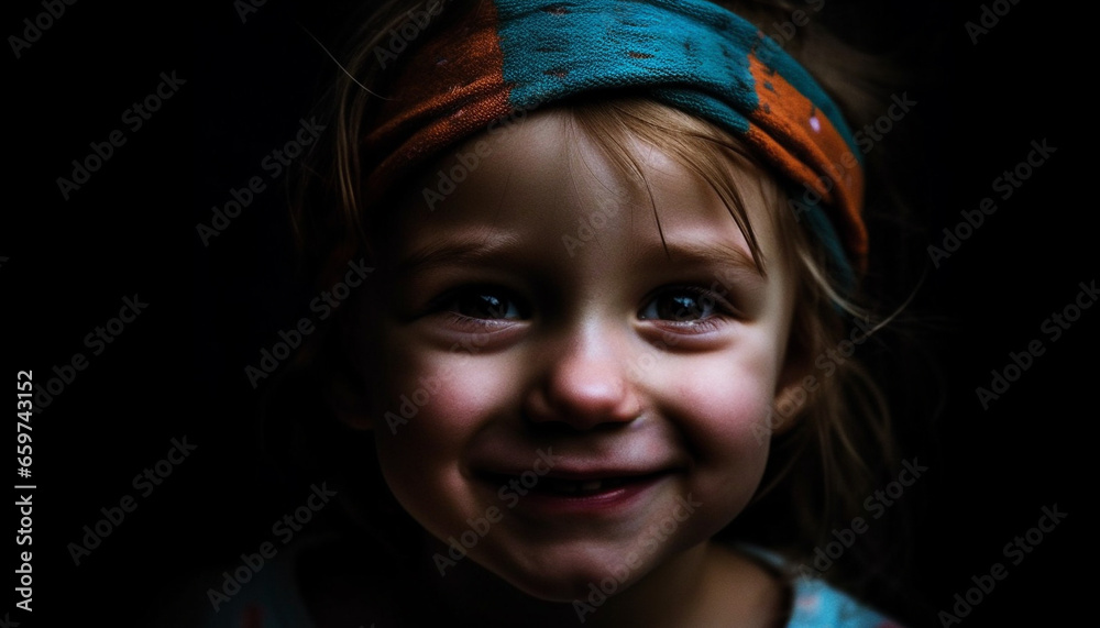 Cute girl smiling, looking at camera, joyful in black background generated by AI Cute girl smiling, looking at camera, joyful in black background generated by AI
