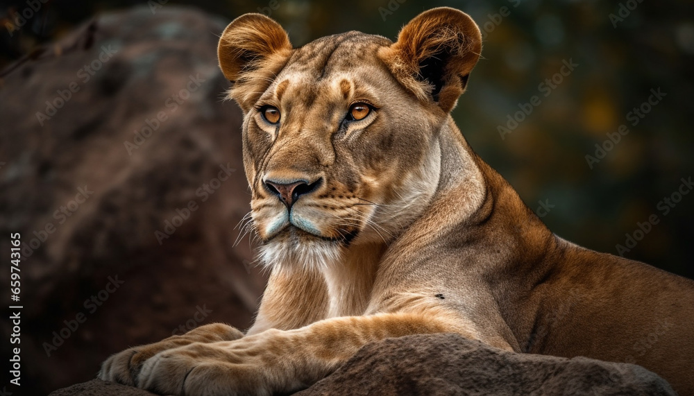 Majestic lioness staring, teeth bared, in African wilderness plain generated by AI Majestic lioness staring, teeth bared, in African wilderness plain generated by AI
