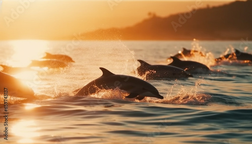Playful dolphins splashing in the blue sea at sunset generated by AI © Jeronimo Ramos