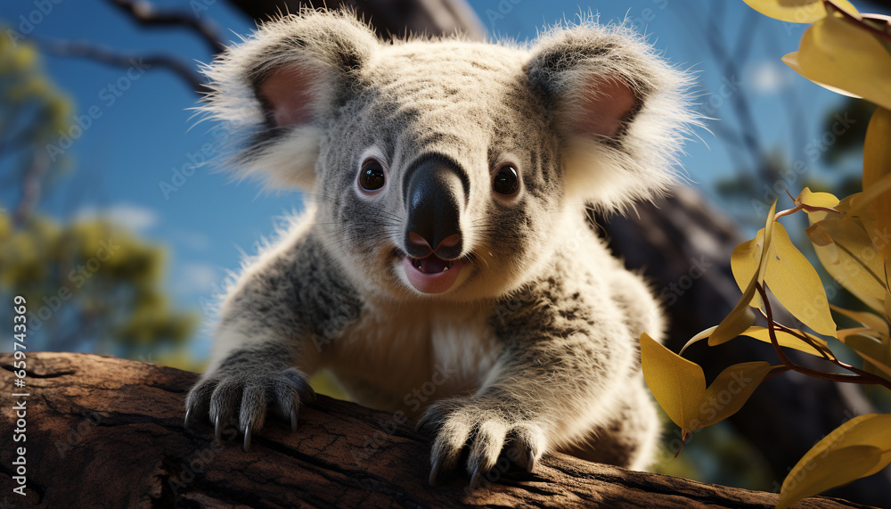 Obraz premium Cute koala on eucalyptus tree, looking at camera, in nature generated by AI