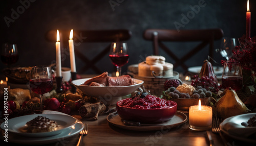 A rustic still life of gourmet food and wine celebration generated by AI
