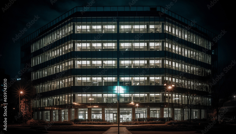 A futuristic skyscraper illuminates the city at dusk, reflecting modern architecture generated by AI A futuristic skyscraper illuminates the city at dusk, reflecting modern architecture generated by AI