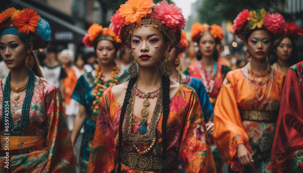 Colorful parade of traditional clothing celebrates indigenous culture and tradition generated by AI