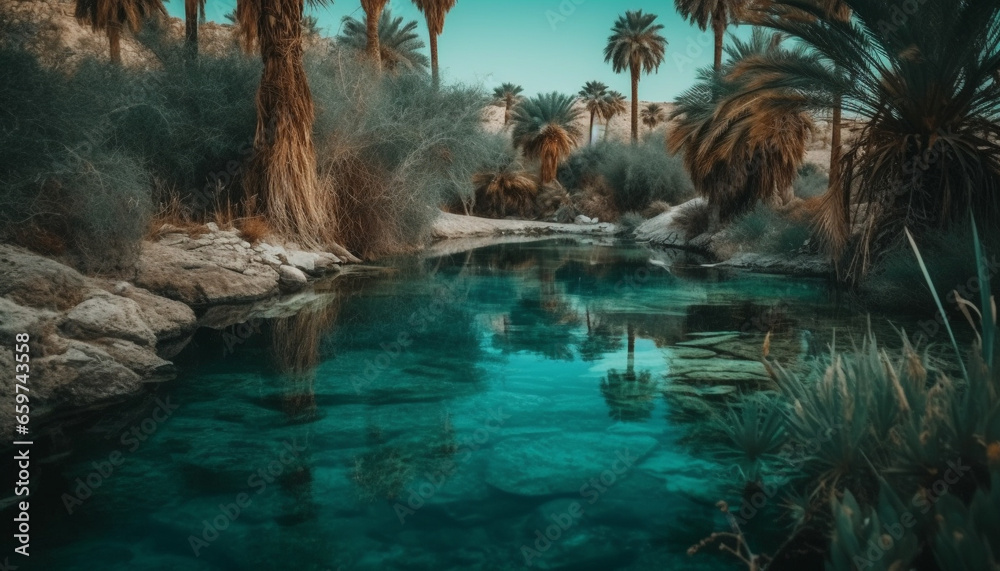 The tranquil scene of a tropical rainforest with flowing water generated by AI The tranquil scene of a tropical rainforest with flowing water generated by AI