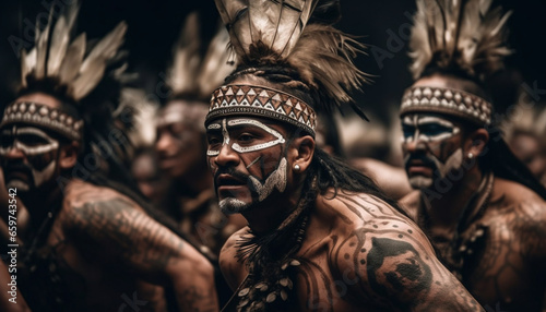 Indigenous leaders celebrate traditional festival with face paint and feather generated by AI