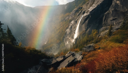 Autumn landscape Majestic mountain range, yellow leaves, and flowing water generated by AI