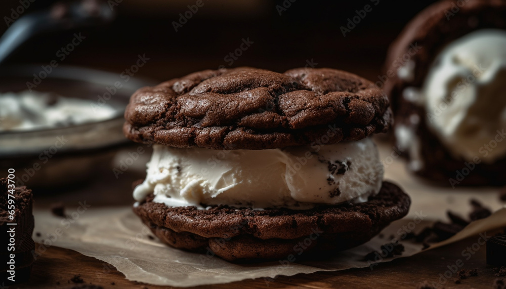 Fototapeta premium Indulgent homemade chocolate desserts on rustic wooden table indoors generated by AI